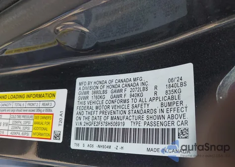 2025 Honda Civic Sport z USA, uszkodzony, nr VIN 2HGFE2F57SH506919